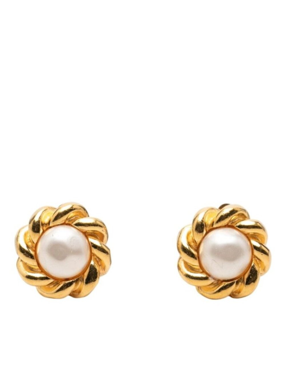 Chanel Vintage Flower Motif Earrings Gold Plated Faux Pearl